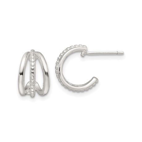Sterling Silver Triple Layered Hoop Earrings for Women with Beaded Texture Center Band, Small Polished Stud Hoops Featuring Modern Layered Design, Lightweight Contemporary Fashion Jewelry