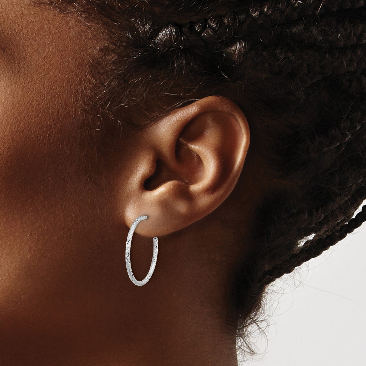 Sterling Silver Hoop Earrings, Diamond Cut Textured Medium Tube Design, Lightweight and Polished