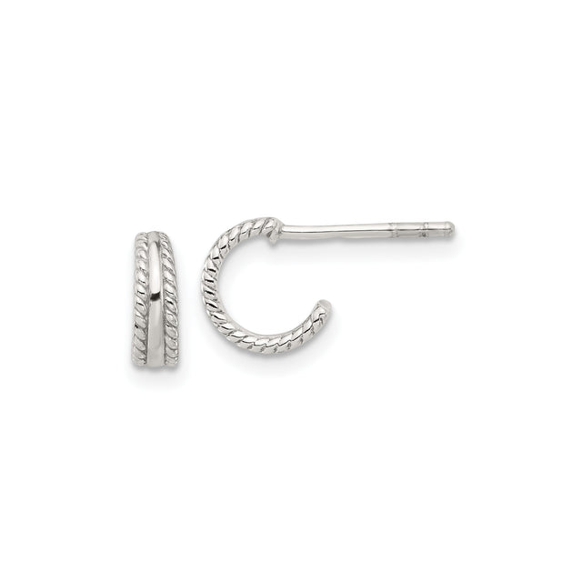 Sterling Silver Half Hoop Earrings with Twisted Rope Texture and Polished Center Band