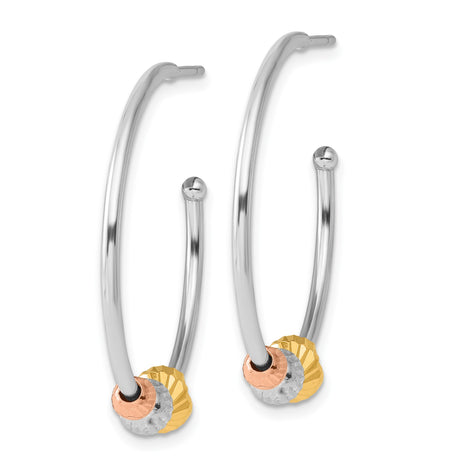Sterling Silver Hoop Earrings with Faceted Beads in Tri Color Yellow, Rose, and White Tones