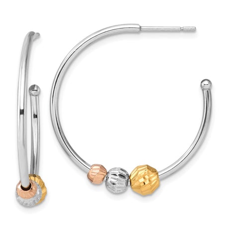 Sterling Silver Hoop Earrings with Faceted Beads in Tri Color Yellow, Rose, and White Tones
