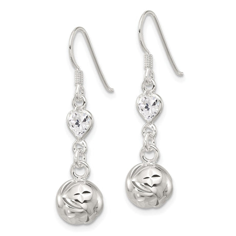 Sterling Silver Dangle Earrings with Heart-Shaped Cubic Zirconia and Floral Ball Charms