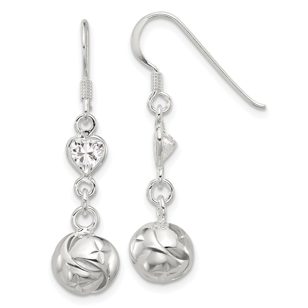 Sterling Silver Dangle Earrings with Heart-Shaped Cubic Zirconia and Floral Ball Charms