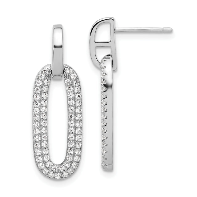 Sterling Silver Dangle Earrings with Cubic Zirconia, Open Oval Drop Design