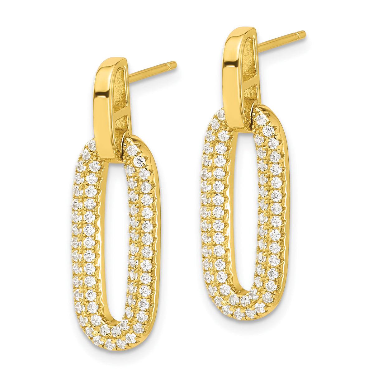 Sterling Silver Dangle Earrings with Cubic Zirconia, Elongated Oval Open Link Design