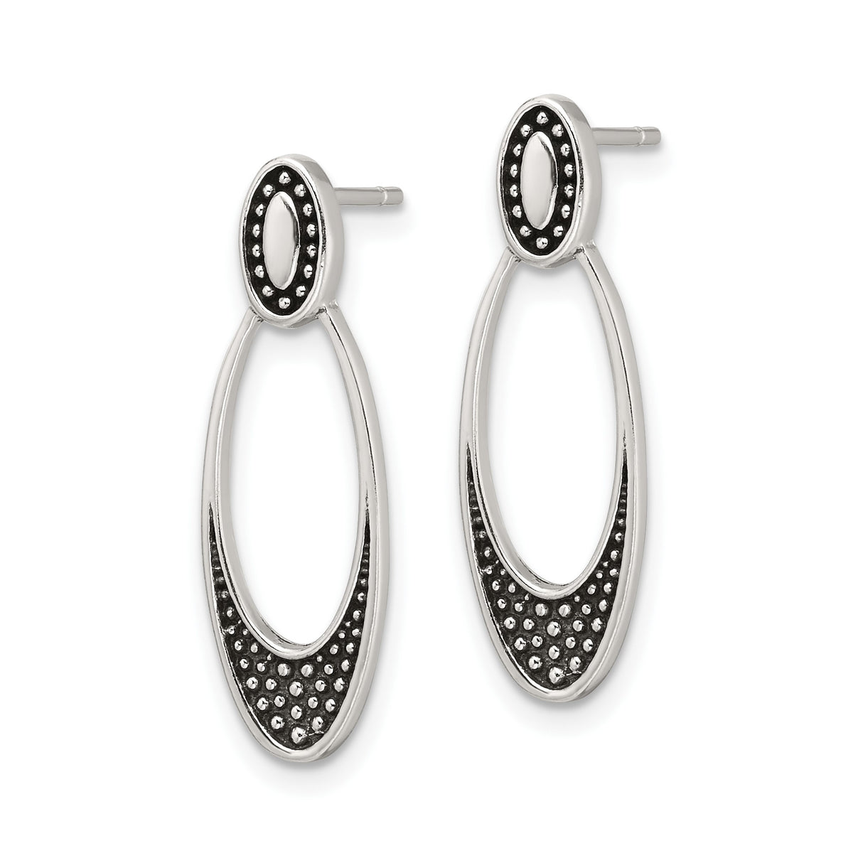 Sterling Silver Drop Earrings with Open Oval Dangle, Black Accents, Textured Dot Design