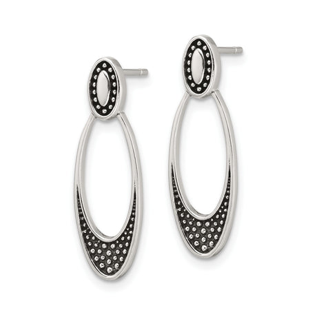 Sterling Silver Drop Earrings with Open Oval Dangle, Black Accents, Textured Dot Design