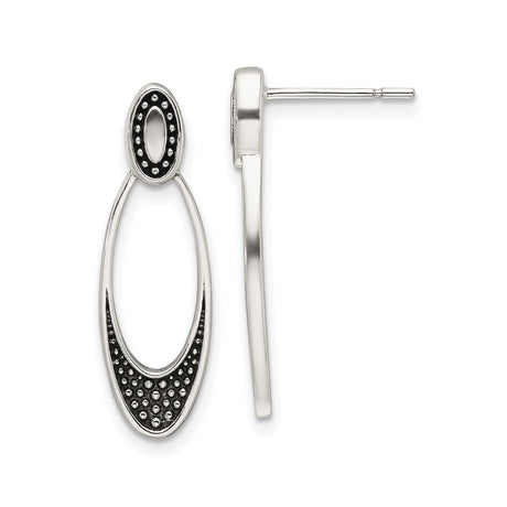 Sterling Silver Drop Earrings with Open Oval Dangle, Black Accents, Textured Dot Design
