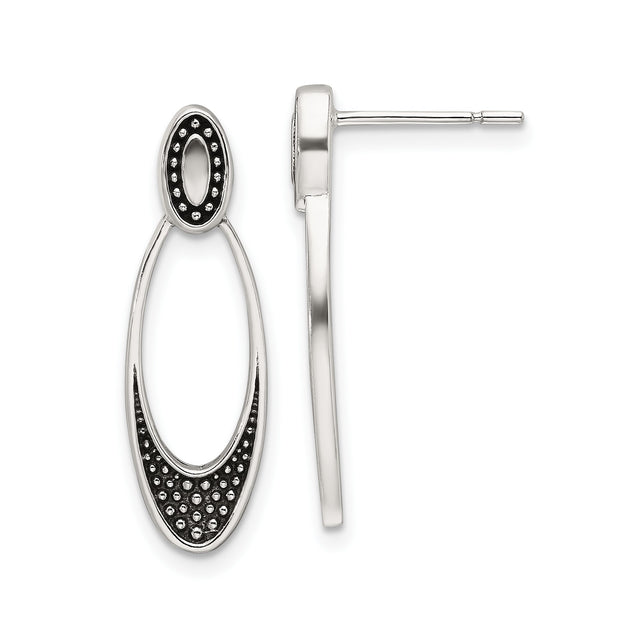 Sterling Silver Drop Earrings with Open Oval Dangle, Black Accents, Textured Dot Design