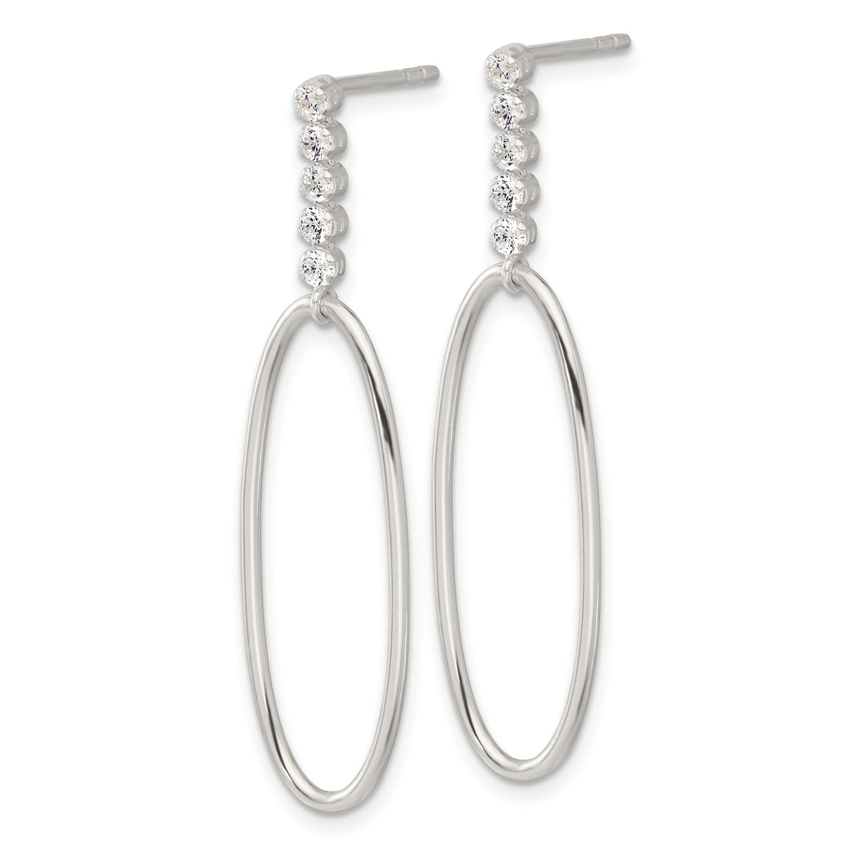 Sterling Silver Drop Earrings with Cubic Zirconia, Elongated Open Oval Design, Lightweight Minimalist Style