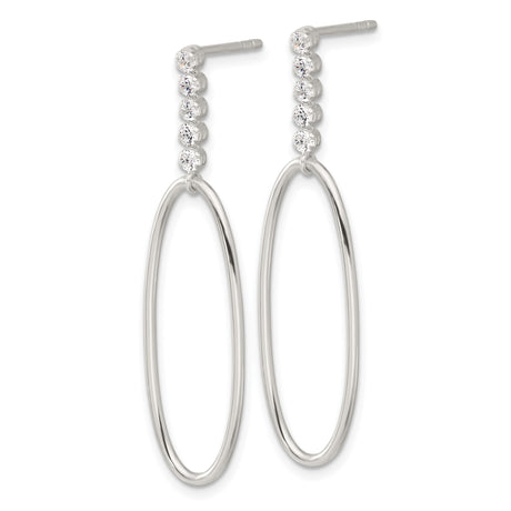 Sterling Silver Drop Earrings with Cubic Zirconia, Elongated Open Oval Design, Lightweight Minimalist Style