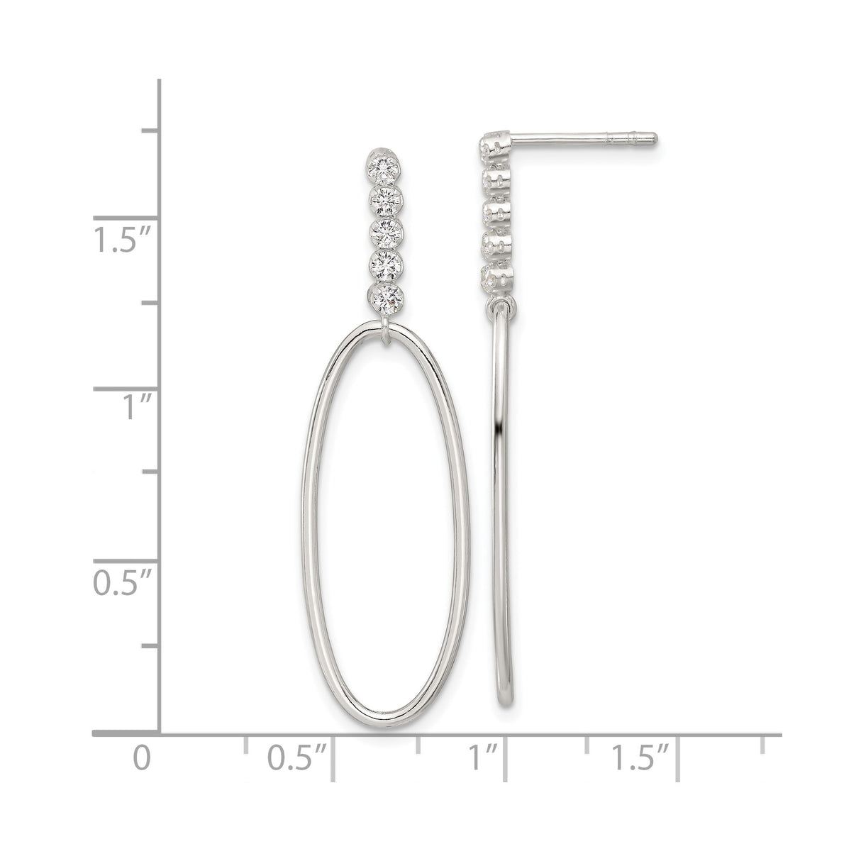 Sterling Silver Drop Earrings with Cubic Zirconia, Elongated Open Oval Design, Lightweight Minimalist Style