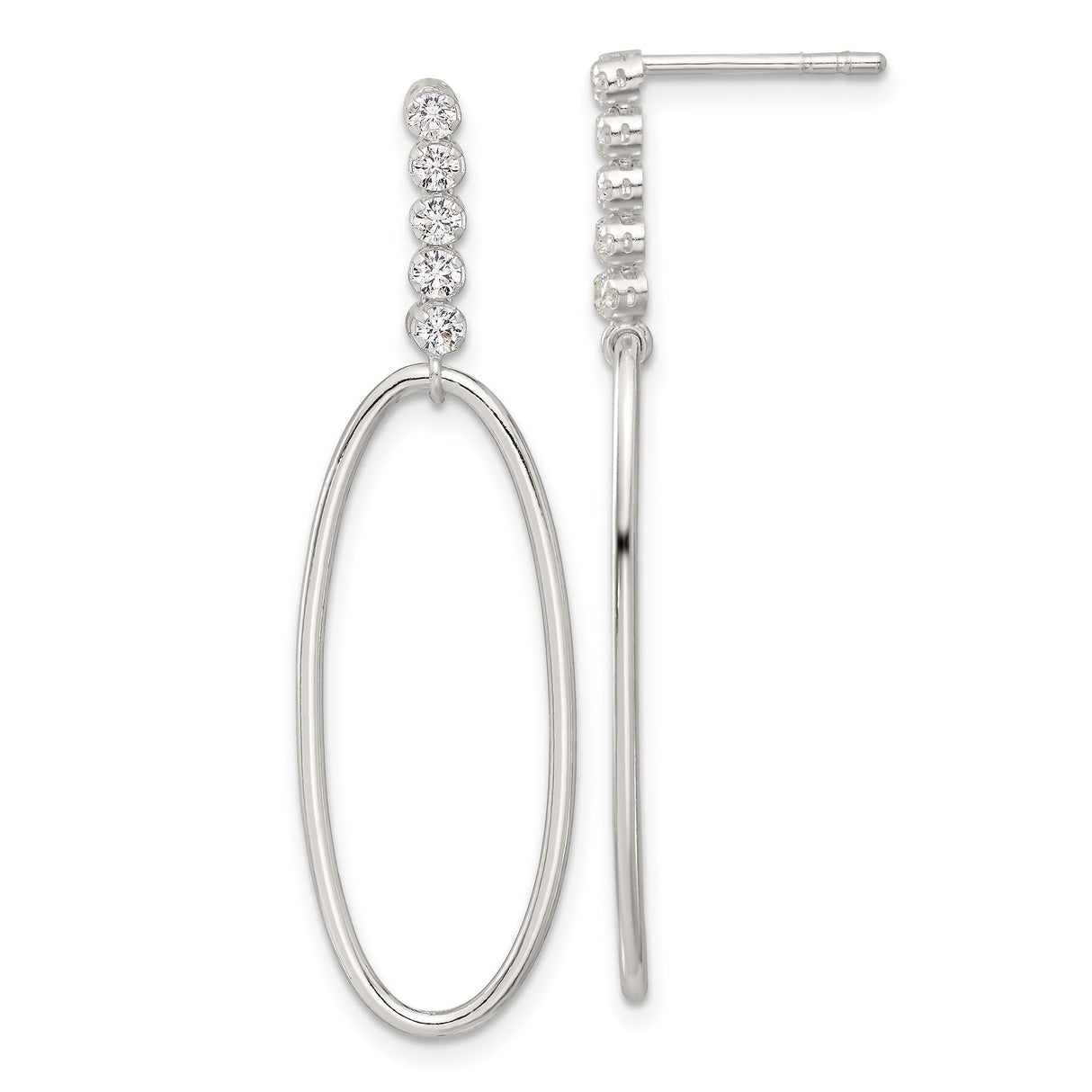 Sterling Silver Drop Earrings with Cubic Zirconia, Elongated Open Oval Design, Lightweight Minimalist Style