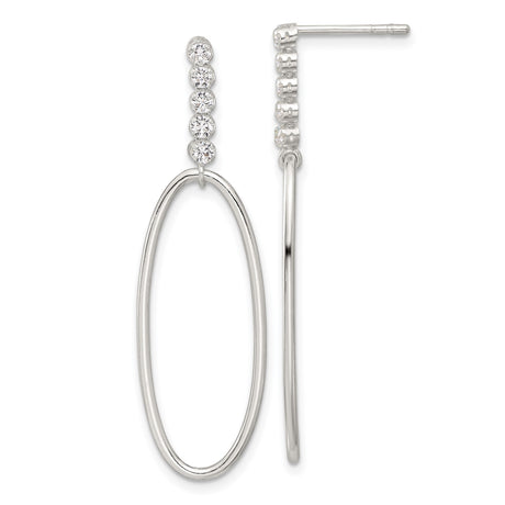 Sterling Silver Drop Earrings with Cubic Zirconia, Elongated Open Oval Design, Lightweight Minimalist Style