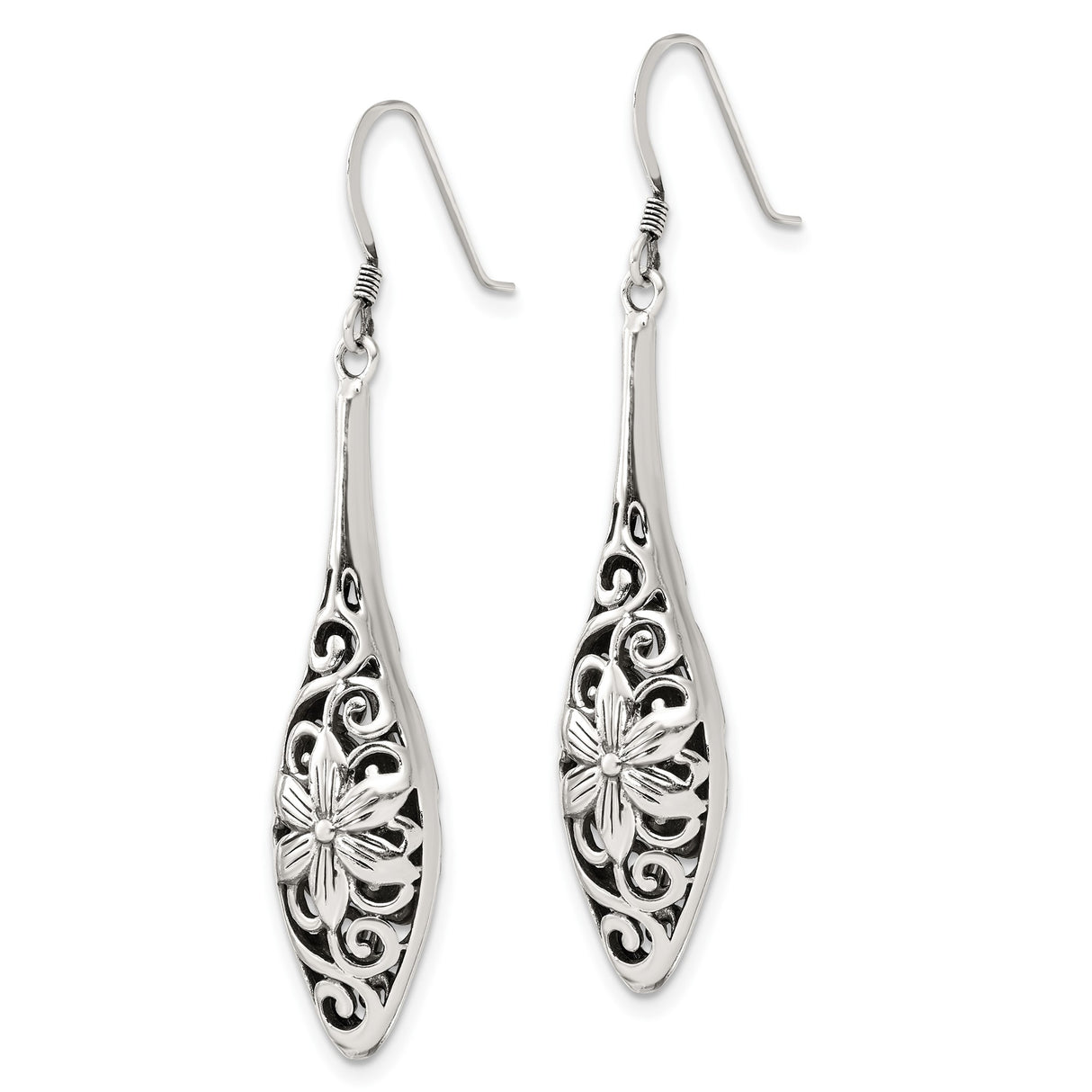 Sterling Silver Teardrop Dangle Earrings with Openwork Floral and Vine Design
