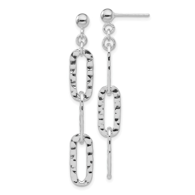 Sterling Silver Dangle Earrings, Elongated Hammered Oval Link Design, Lightweight Textured Finish