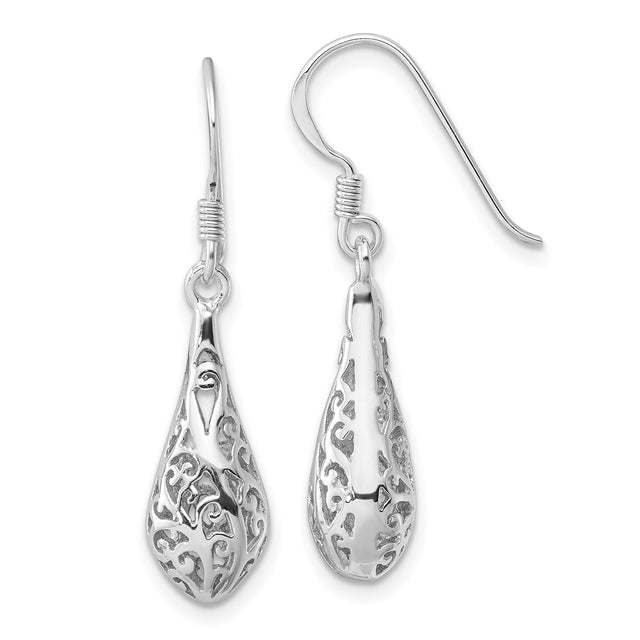 Sterling Silver Dangle Earrings with Teardrop Filigree and Scrollwork Design for Women