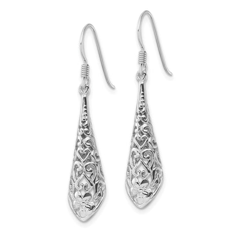 Sterling Silver Teardrop Dangle Earrings with Openwork Filigree Floral and Heart Design