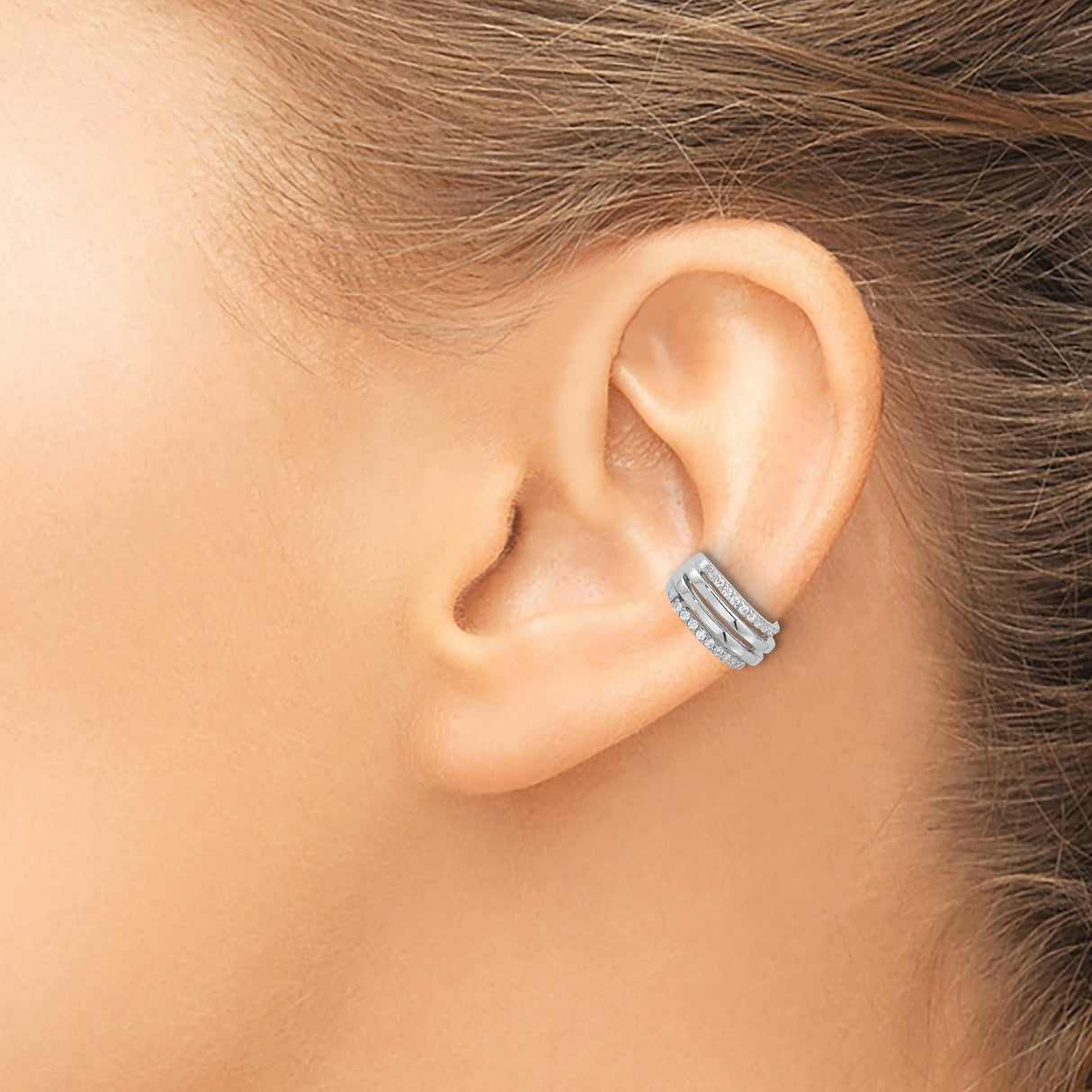 Sterling Silver Triple Band Earcuff With CZ Accents
