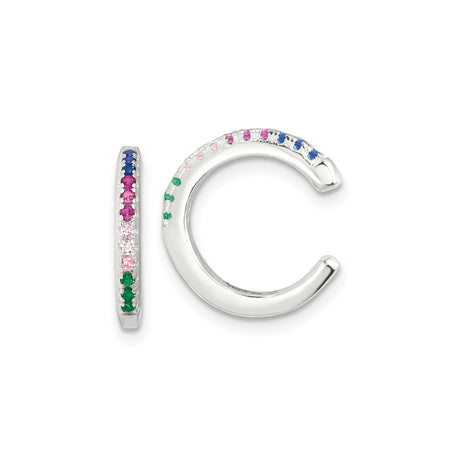 Sterling Silver Rainbow Ear Cuff with Colorful Cubic Zirconia in Pave Setting, Non-Pierced Clip-On Cartilage Earring for Women, Stackable Minimalist Jewelry, Unisex Fashion Earcuff Style