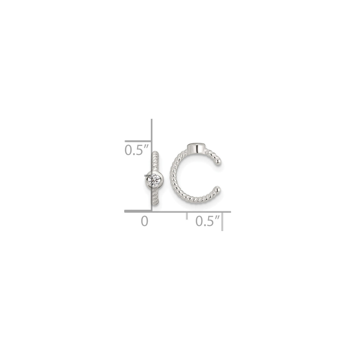 Sterling Silver Twisted Rope Ear Cuff Bezel Clear Gemstone