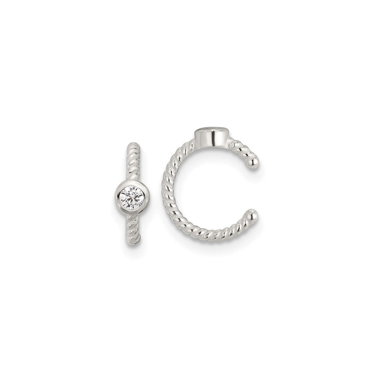 Sterling Silver Ear Cuff for Women with Twisted Rope Design, Bezel Set Clear Round Gemstone, Non Pierced Minimalist Cuff Earring, Modern Textured Silver Style for Fashion Forward Daily Wear