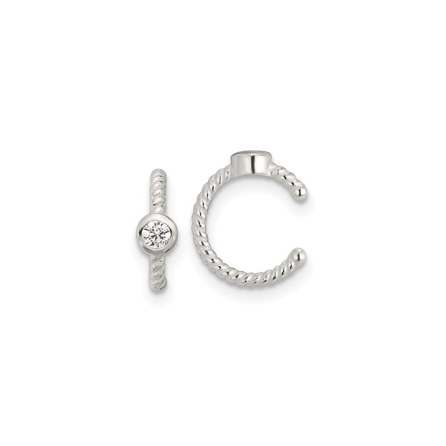 Sterling Silver Ear Cuff for Women with Twisted Rope Design, Bezel Set Clear Round Gemstone, Non Pierced Minimalist Cuff Earring, Modern Textured Silver Style for Fashion Forward Daily Wear