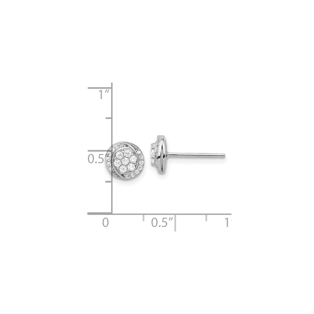 Sterling Silver Stud Earrings with Cubic Zirconia, Swirling Halo Round Cluster Design