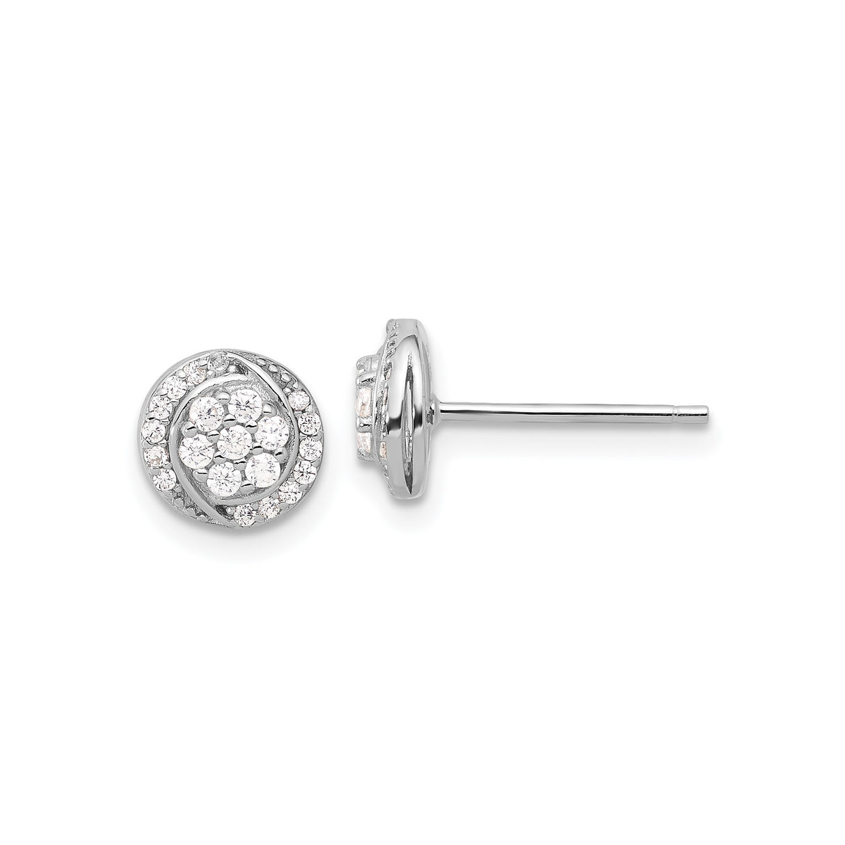 Sterling Silver Stud Earrings with Cubic Zirconia, Swirling Halo Round Cluster Design