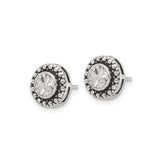 Sterling Silver Stud Earrings with Cubic Zirconia, Faceted Crystal Center and Beaded Halo Design
