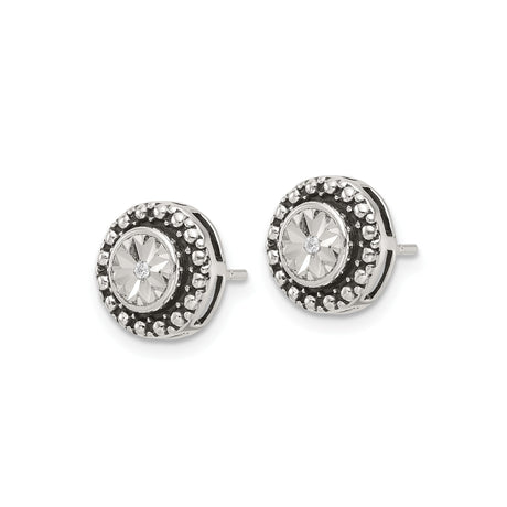 Sterling Silver Stud Earrings with Cubic Zirconia, Faceted Crystal Center and Beaded Halo Design
