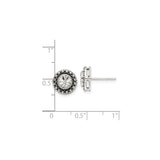 Sterling Silver Stud Earrings with Cubic Zirconia, Faceted Crystal Center and Beaded Halo Design
