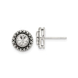 Sterling Silver Stud Earrings with Cubic Zirconia, Faceted Crystal Center and Beaded Halo Design