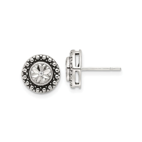 Sterling Silver Stud Earrings with Cubic Zirconia, Faceted Crystal Center and Beaded Halo Design