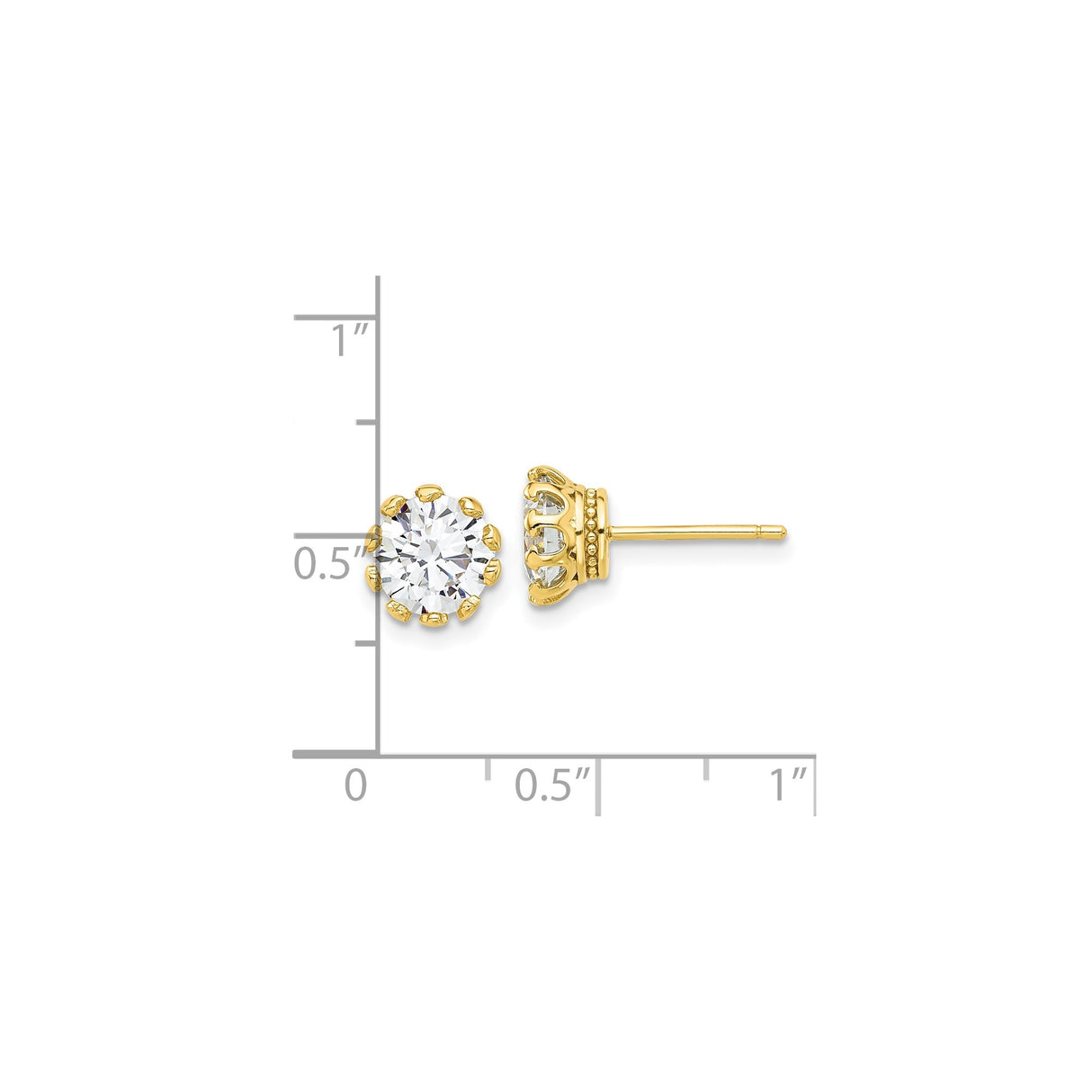 Sterling Silver Stud Earrings with Round Cut Cubic Zirconia in Crown Style Prong Setting