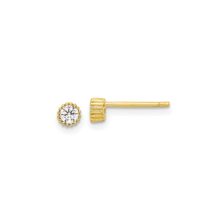 Sterling Silver Stud Earrings with Gold Plating, Round Cubic Zirconia in Beaded Bezel Setting, Delicate Daily Wear Jewelry for Women, Minimalist Post Back Small Studs, Classic and Elegant Design