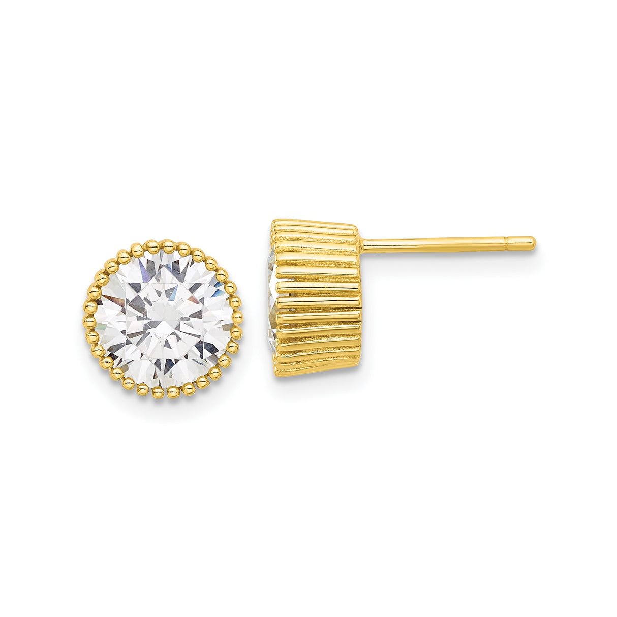 Sterling Silver Stud Earrings with Round Cubic Zirconia and Beaded Halo Design
