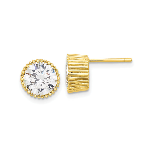 Sterling Silver Stud Earrings with Round Cubic Zirconia and Beaded Halo Design