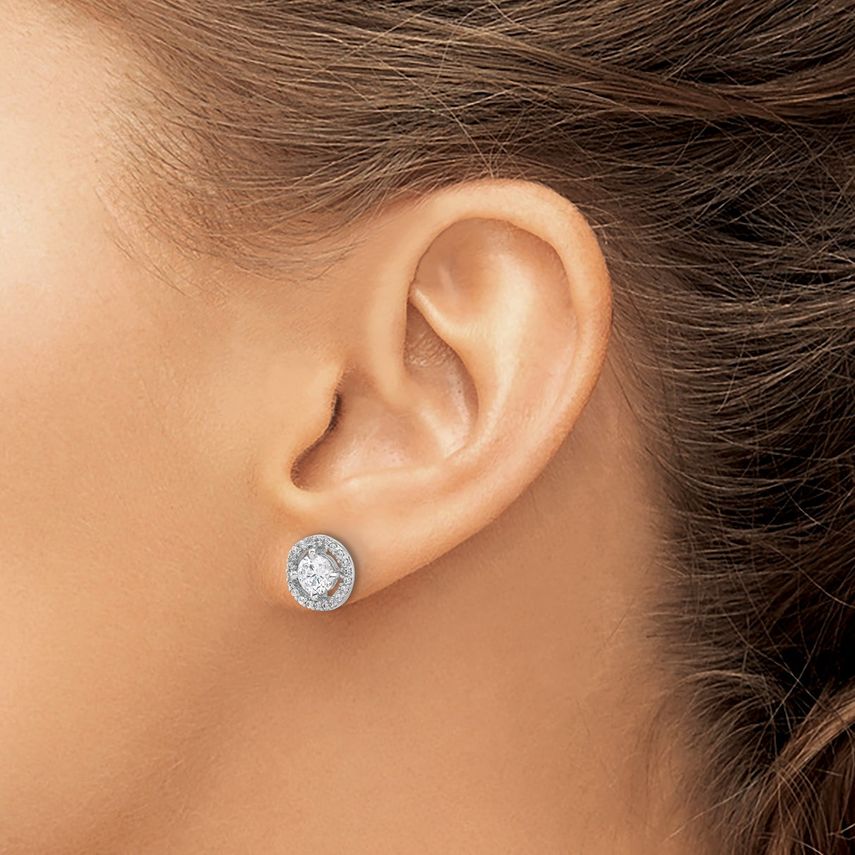 Sterling Silver Halo Stud Earrings with Cubic Zirconia Center and Pavé Accents