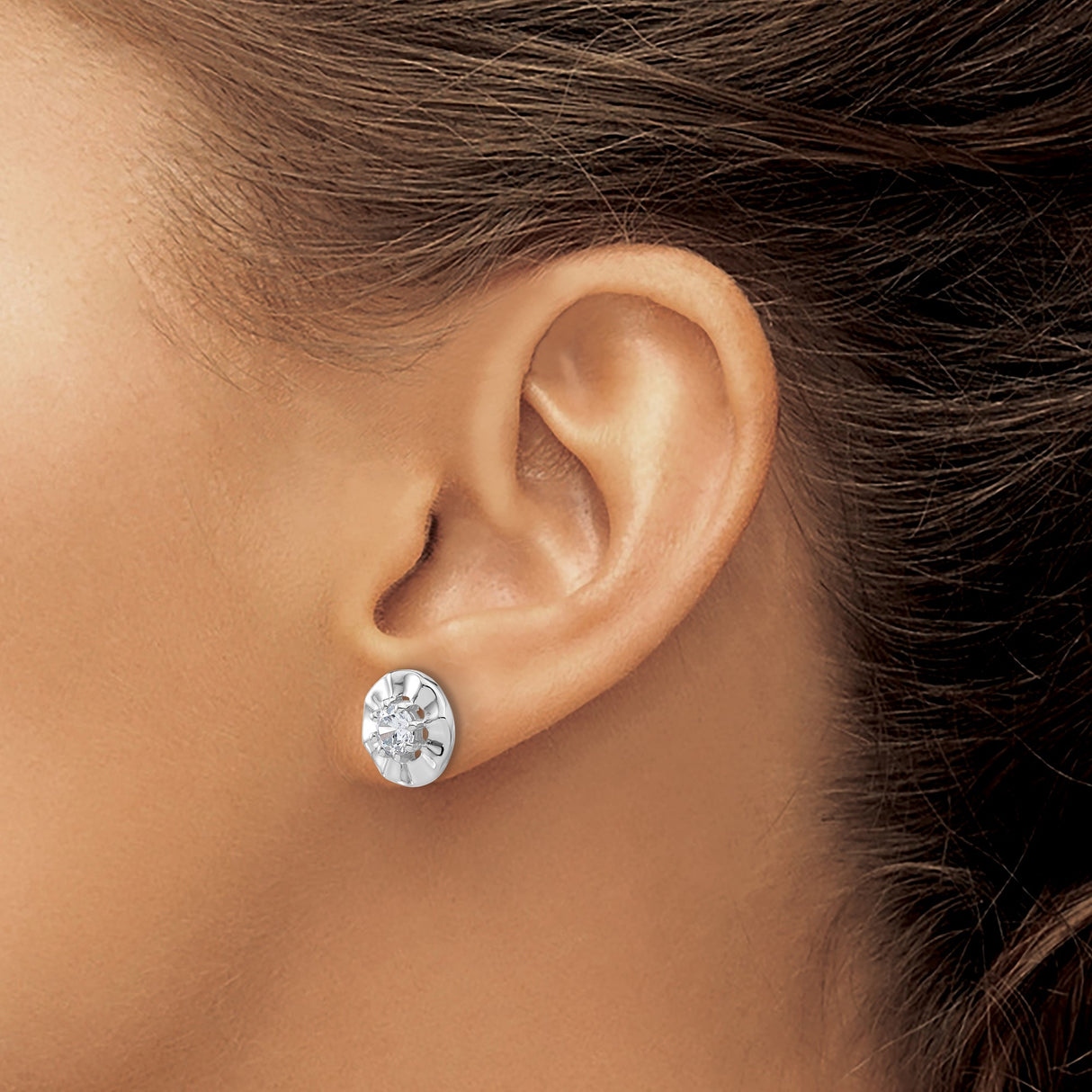 Sterling Silver Stud Earrings with Cubic Zirconia in Concave Floral Design