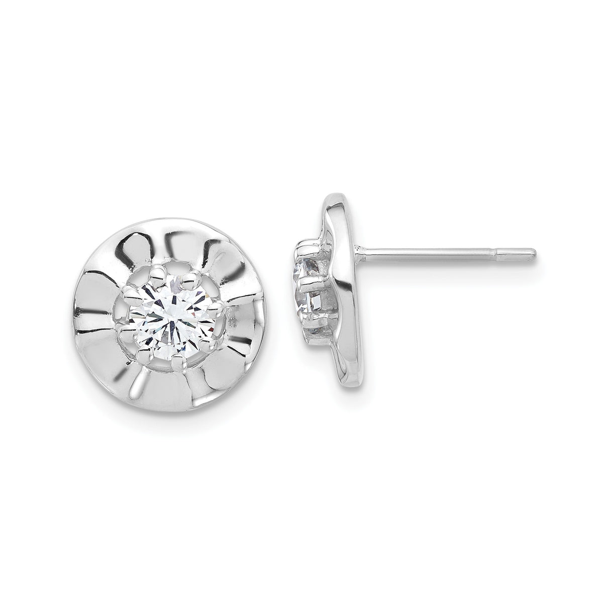 Sterling Silver Stud Earrings with Cubic Zirconia in Concave Floral Design
