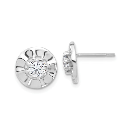 Sterling Silver Stud Earrings with Cubic Zirconia in Concave Floral Design