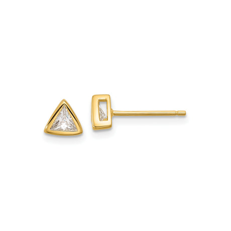 Triangle Cut Stud Earrings in Gold-Plated Sterling Silver with Clear Gemstones, Bezel Setting, Minimalist Geometric Jewelry, Modern Triangle Studs, Womens Everyday Fine Silver Earrings