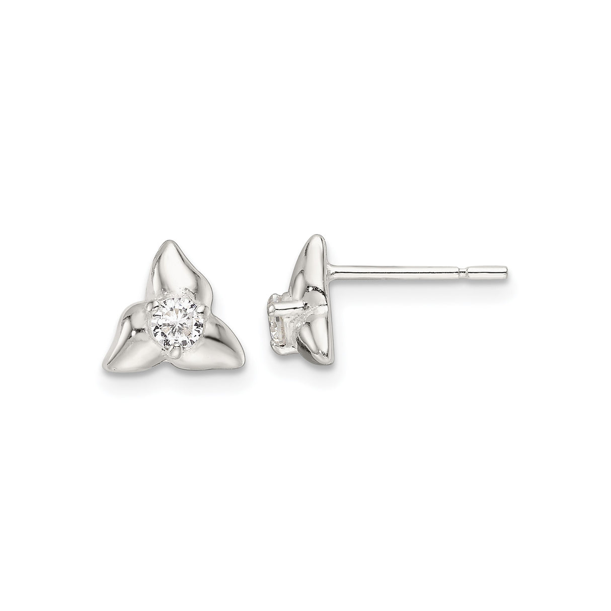Sterling Silver Floral Stud Earrings with Cubic Zirconia Three-Petal Design for Women