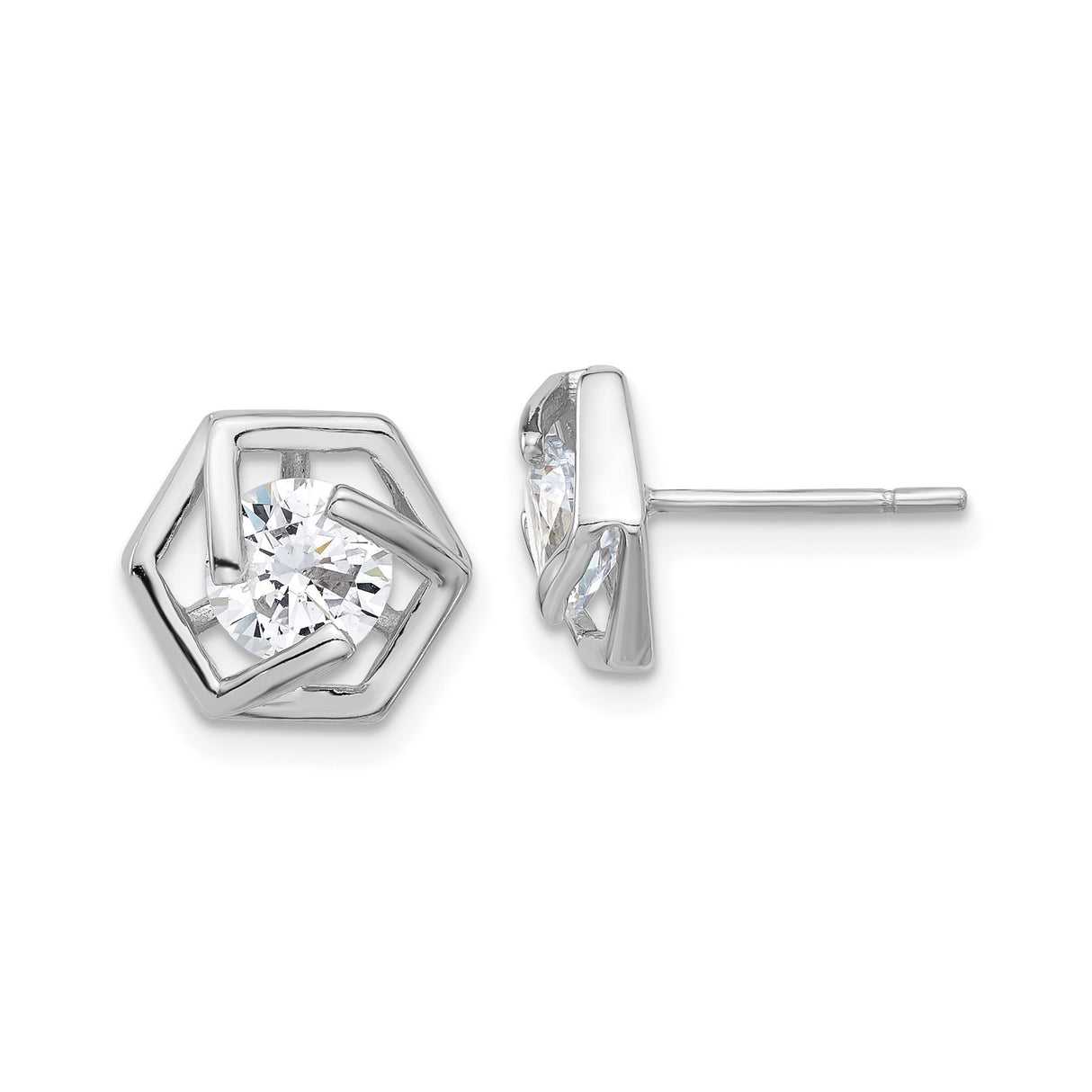 Sterling Silver Hexagon Stud Earrings with Cubic Zirconia, Modern Geometric Design