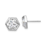 Sterling Silver Hexagon Stud Earrings with Cubic Zirconia, Modern Geometric Design
