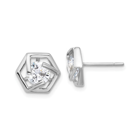 Sterling Silver Hexagon Stud Earrings with Cubic Zirconia, Modern Geometric Design