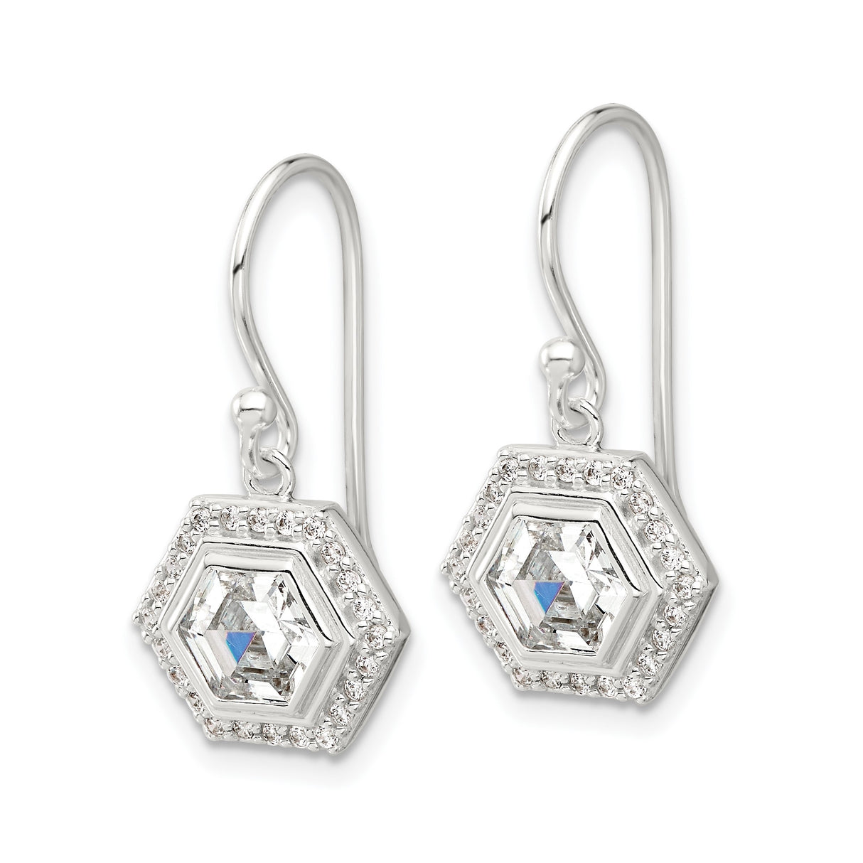 Sterling Silver Drop Earrings with Hexagon Cubic Zirconia Center and Halo Design