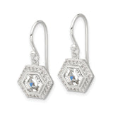 Sterling Silver Drop Earrings with Hexagon Cubic Zirconia Center and Halo Design
