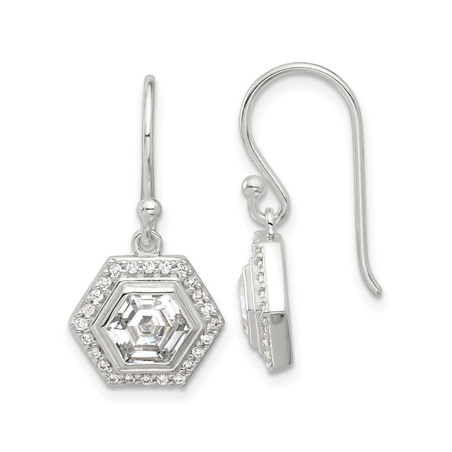 Sterling Silver Drop Earrings with Hexagon Cubic Zirconia Center and Halo Design